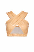 Beige Vinyl Halter Crop Top, Patent Leather Look Top, Cross Front Festival Top, Latex Look Clubwear, Sexy Night Out Top