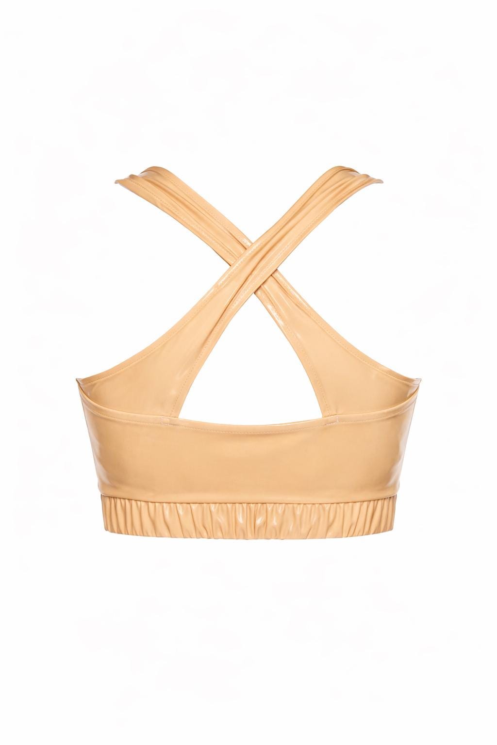 Beige Vinyl Halter Crop Top, Patent Leather Look Top, Cross Front Festival Top, Latex Look Clubwear, Sexy Night Out Top