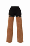 Black Leggings with Brown Denim Thigh Chaps, Y2K Statement Pants, Festival Outfit, Streetwear Fashion Pants, Detachable Denim Leg Warmers