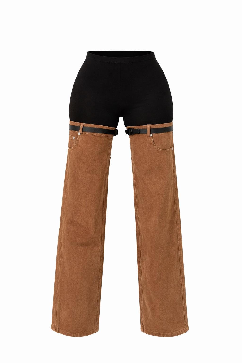 Black Leggings with Brown Denim Thigh Chaps, Y2K Statement Pants, Festival Outfit, Streetwear Fashion Pants, Detachable Denim Leg Warmers