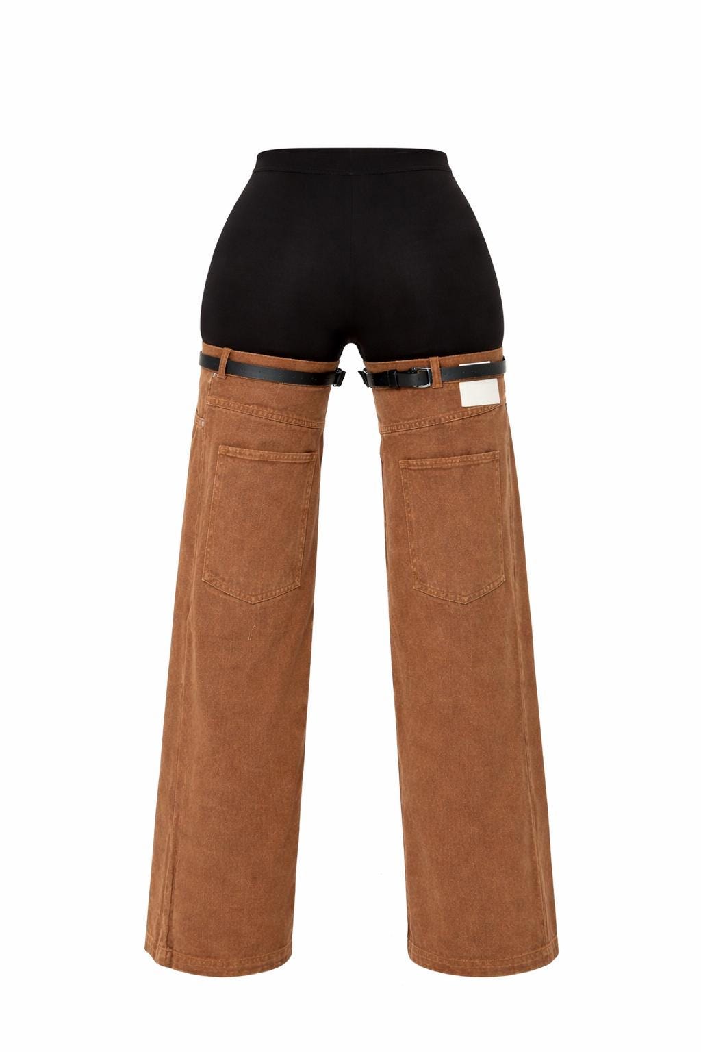 Black Leggings with Brown Denim Thigh Chaps, Y2K Statement Pants, Festival Outfit, Streetwear Fashion Pants, Detachable Denim Leg Warmers