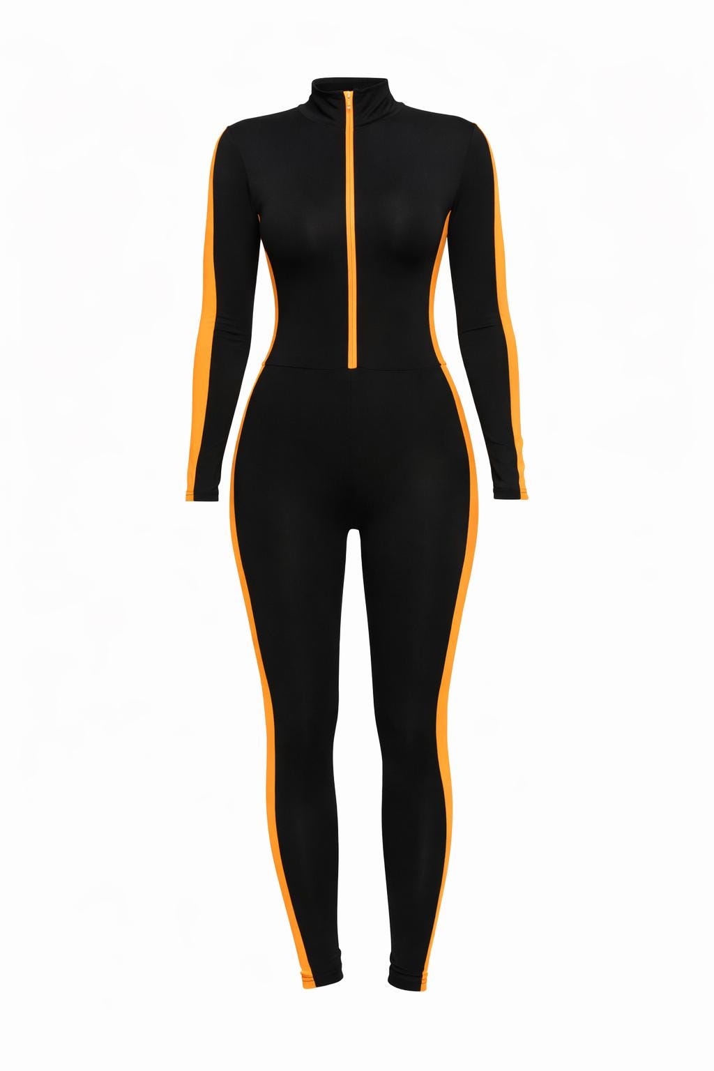 Black Orange Zip Jumpsuit, Athletic One Piece Outfit, Sporty Zip Jumpsuit, Long Sleeve Bodycon Jumpsuit, Activewear Outfit