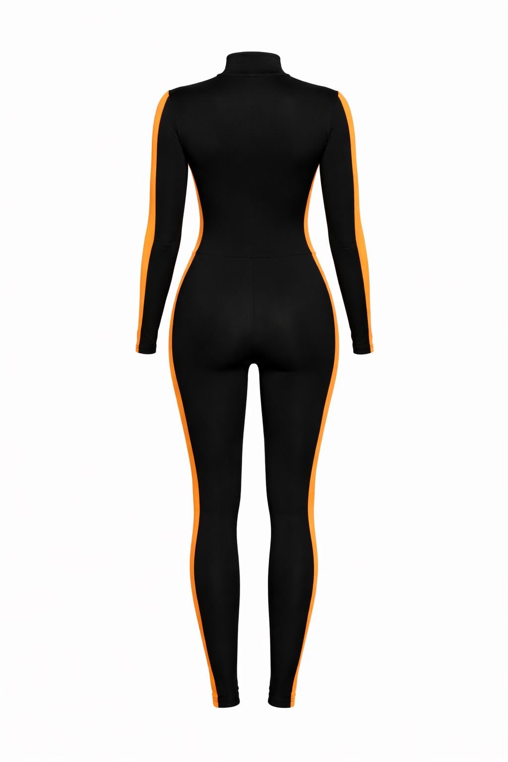 Black Orange Zip Jumpsuit, Athletic One Piece Outfit, Sporty Zip Jumpsuit, Long Sleeve Bodycon Jumpsuit, Activewear Outfit
