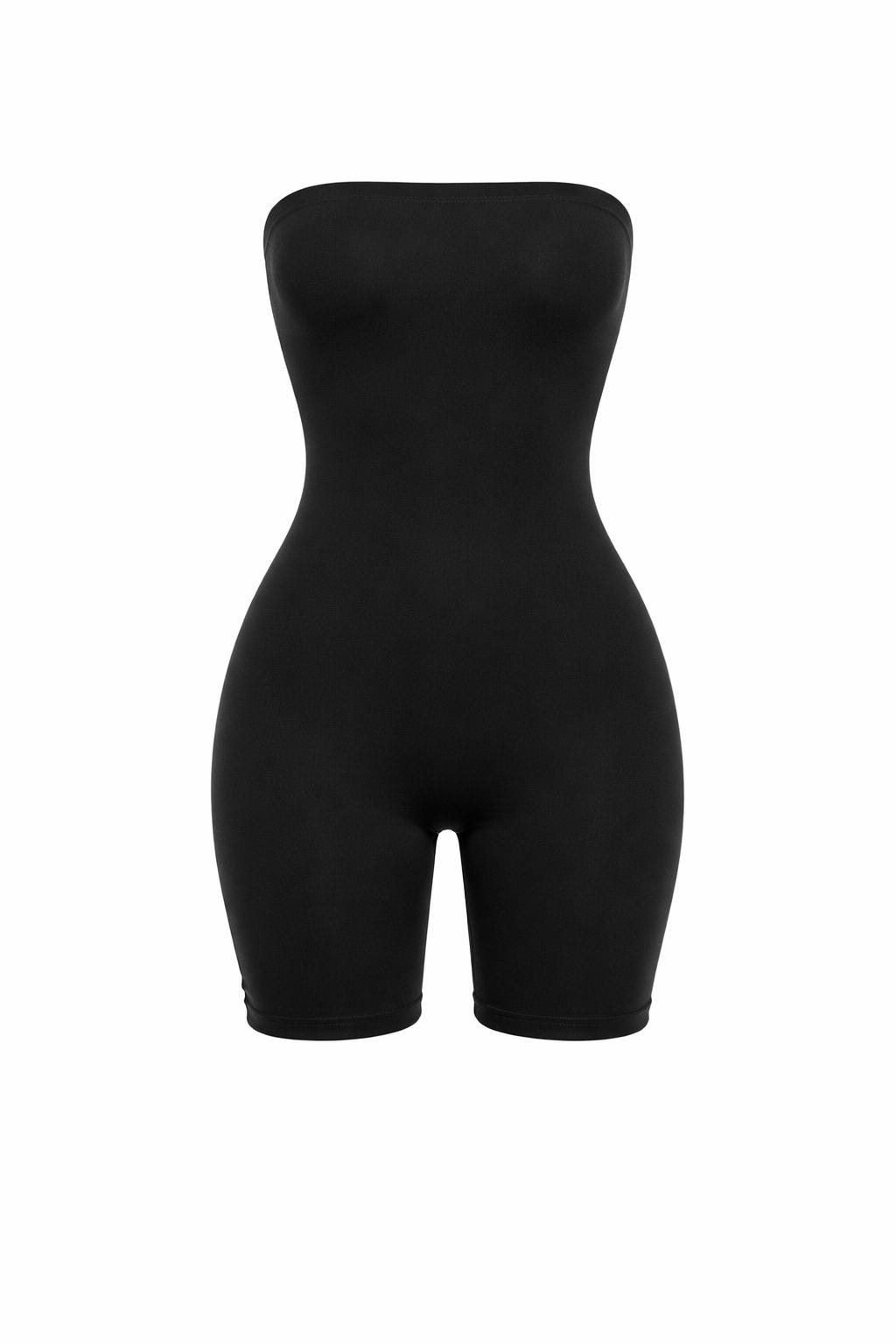 Black Strapless Jumpsuit, Bodycon Tube Romper, Women’s Fitted One Piece Outfit, Sexy Stretch Jumpsuit, Clubwear Bodysuit Outfit