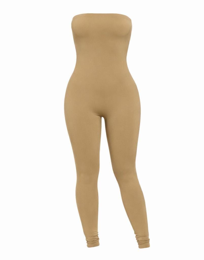 Strapless Bodycon Jumpsuit, Nude Bodycon One Piece, Strapless Romper Jumpsuit, Minimalist Outfit, Sleek Party Jumpsuit